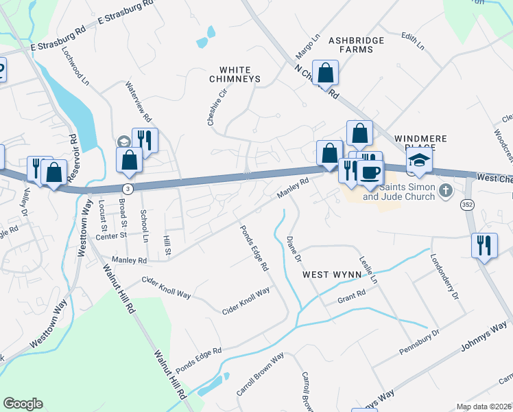 map of restaurants, bars, coffee shops, grocery stores, and more near 675 Summit House in West Chester
