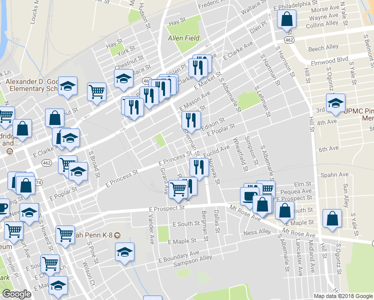 map of restaurants, bars, coffee shops, grocery stores, and more near 741 East Princess Street in York