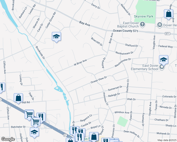 map of restaurants, bars, coffee shops, grocery stores, and more near 684 Princess Court in Toms River