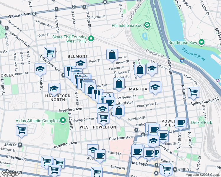 map of restaurants, bars, coffee shops, grocery stores, and more near 3919 Melon Street in Philadelphia