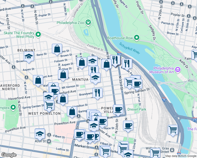 map of restaurants, bars, coffee shops, grocery stores, and more near 3508 Wallace Street in Philadelphia