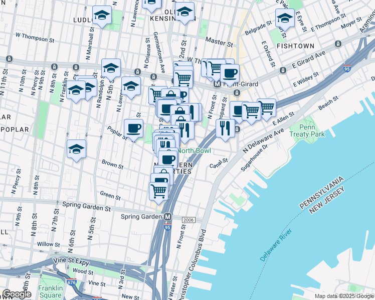 map of restaurants, bars, coffee shops, grocery stores, and more near 1094 North Front Street in Philadelphia