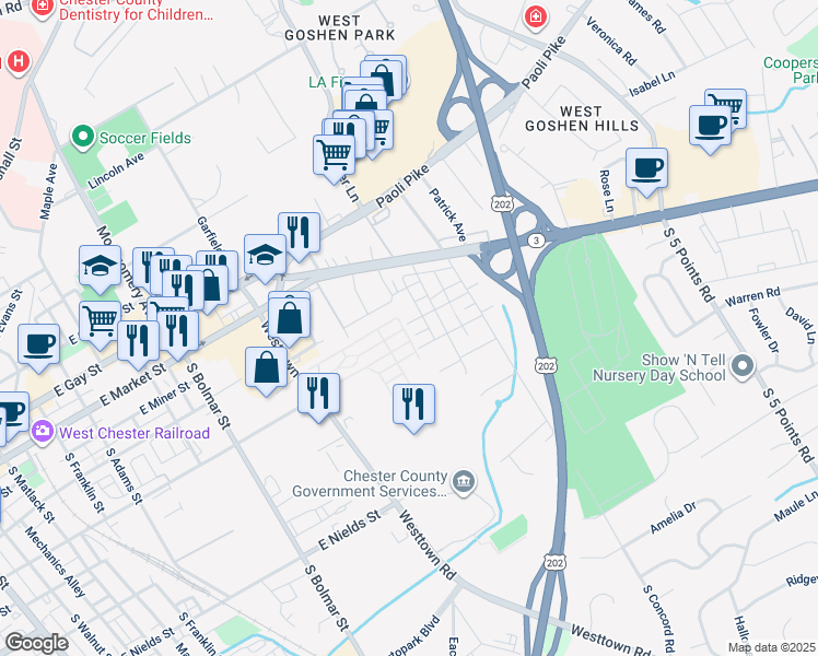 map of restaurants, bars, coffee shops, grocery stores, and more near 832 Orchard Avenue in West Chester