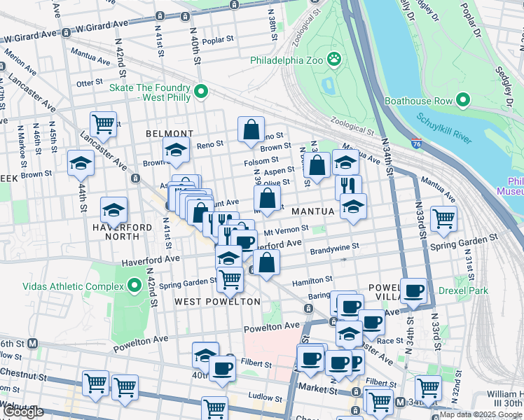 map of restaurants, bars, coffee shops, grocery stores, and more near N 39th St & Melon St in Philadelphia
