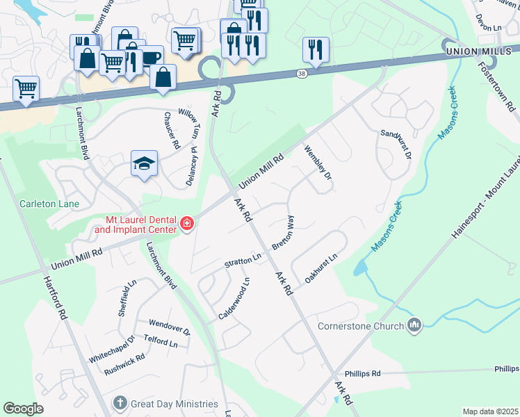 map of restaurants, bars, coffee shops, grocery stores, and more near 3 Hampshire Lane in Mount Laurel Township