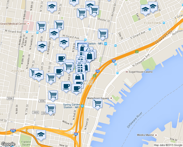 map of restaurants, bars, coffee shops, grocery stores, and more near 1094 North Front Street in Philadelphia