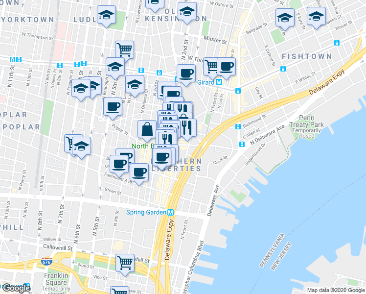 map of restaurants, bars, coffee shops, grocery stores, and more near 929 North Hancock Street in Philadelphia