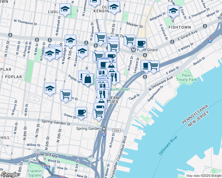 map of restaurants, bars, coffee shops, grocery stores, and more near 929 North Hancock Street in Philadelphia