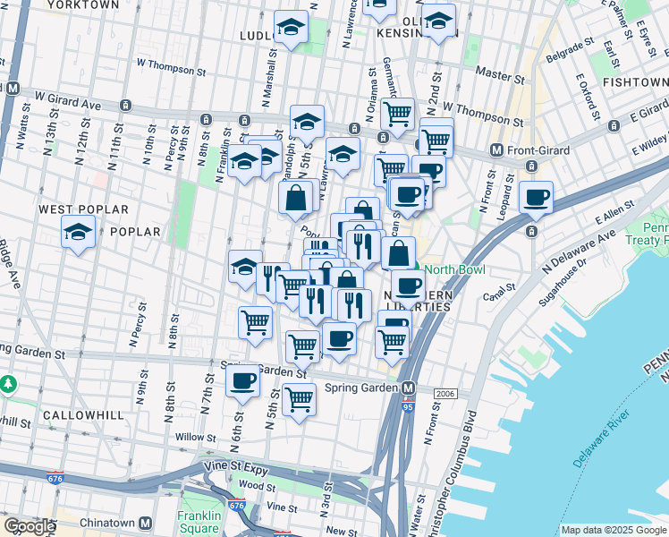 map of restaurants, bars, coffee shops, grocery stores, and more near 845 North 4th Street in Philadelphia