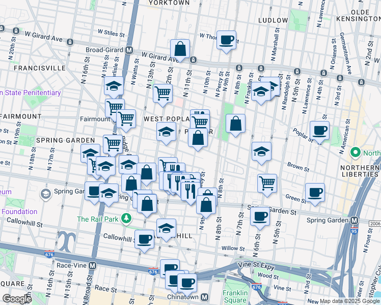 map of restaurants, bars, coffee shops, grocery stores, and more near 1027 Melon Street in Philadelphia