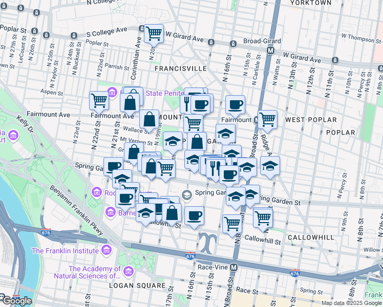 map of restaurants, bars, coffee shops, grocery stores, and more near 1705 Green Street in Philadelphia