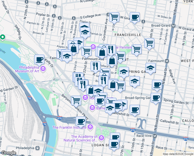 map of restaurants, bars, coffee shops, grocery stores, and more near in Philadelphia