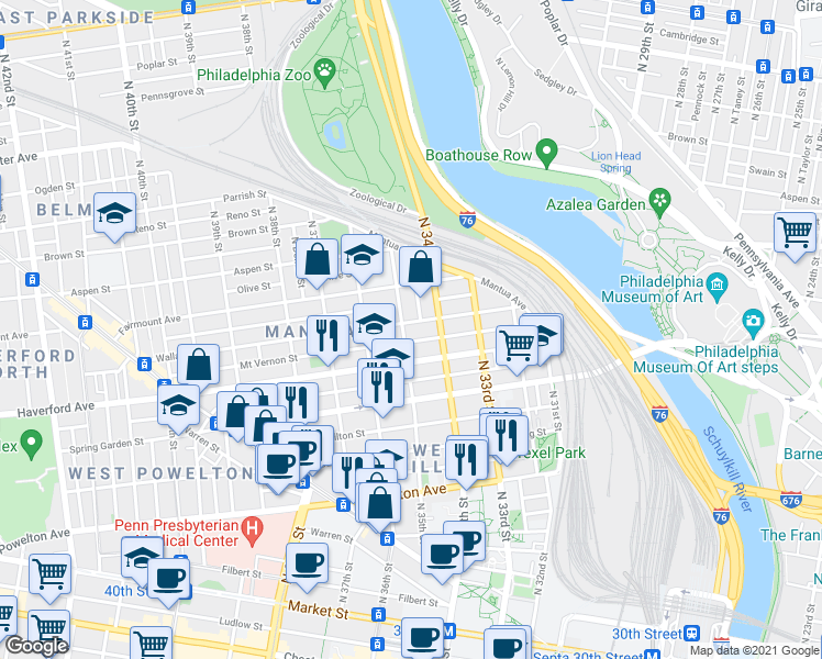 map of restaurants, bars, coffee shops, grocery stores, and more near in Philadelphia