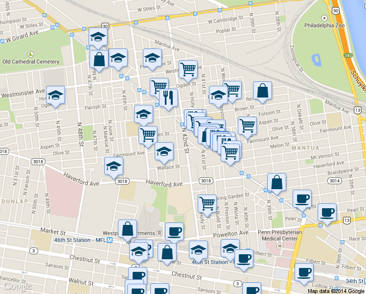 map of restaurants, bars, coffee shops, grocery stores, and more near 673 North 42nd Street in Philadelphia