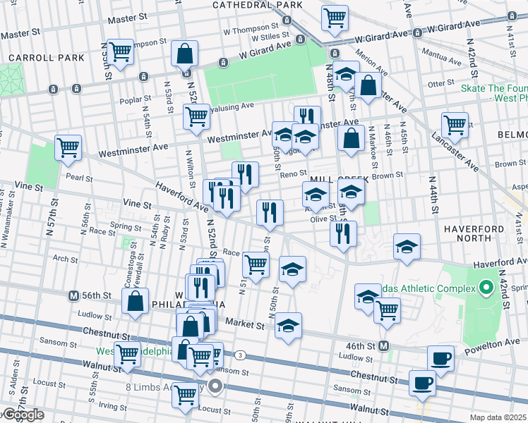 map of restaurants, bars, coffee shops, grocery stores, and more near 5052 Aspen Street in Philadelphia