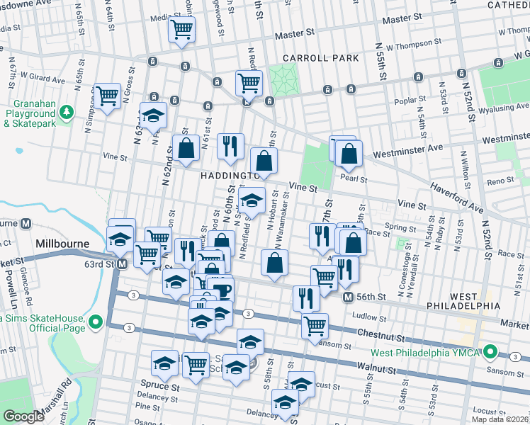 map of restaurants, bars, coffee shops, grocery stores, and more near 5900 Race Street in Philadelphia