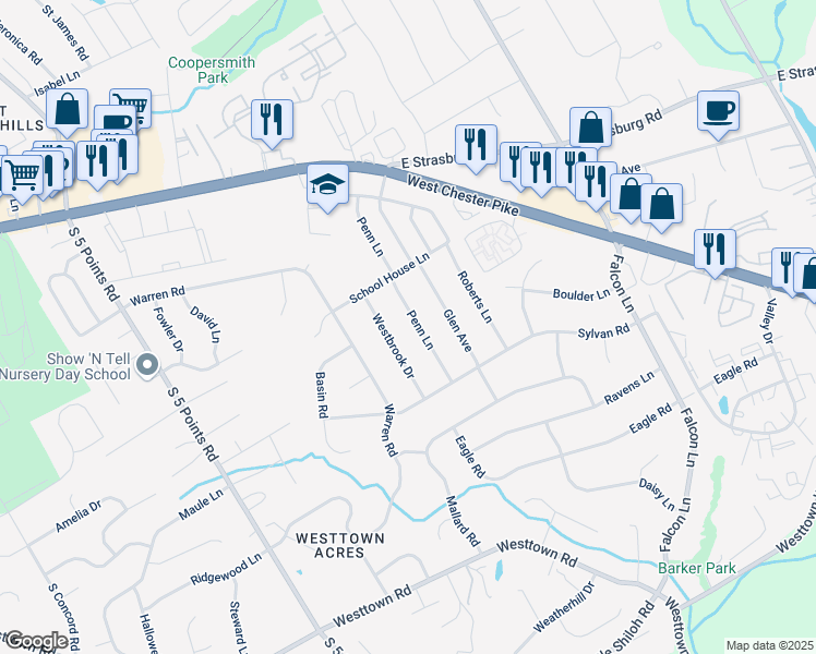 map of restaurants, bars, coffee shops, grocery stores, and more near 310 Penn Lane in West Chester