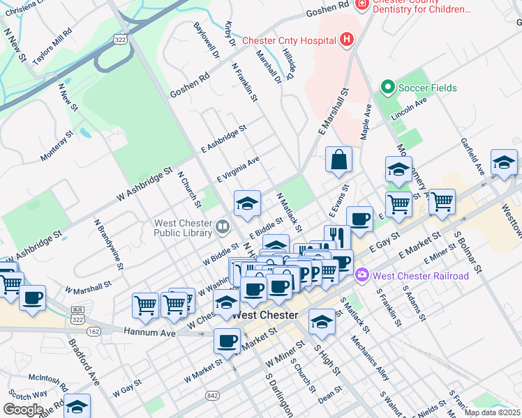 map of restaurants, bars, coffee shops, grocery stores, and more near 429 North Walnut Street in West Chester