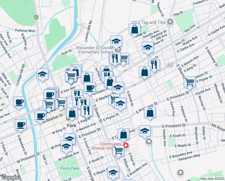 map of restaurants, bars, coffee shops, grocery stores, and more near 332 Lincoln Highway in York