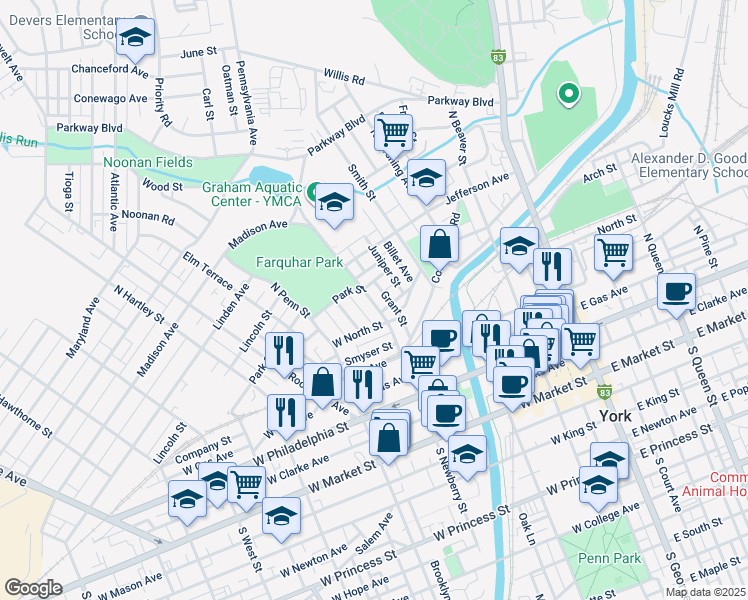 map of restaurants, bars, coffee shops, grocery stores, and more near 309 North Newberry Street in York