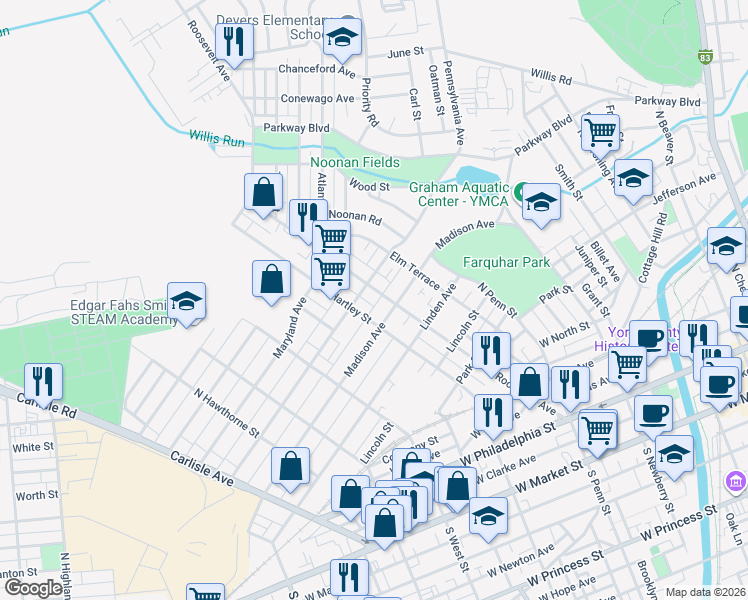 map of restaurants, bars, coffee shops, grocery stores, and more near 485 Madison Avenue in York