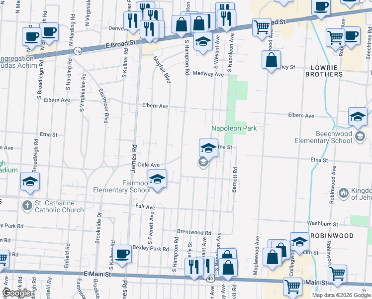 map of restaurants, bars, coffee shops, grocery stores, and more near 370 South Hampton Road in Columbus