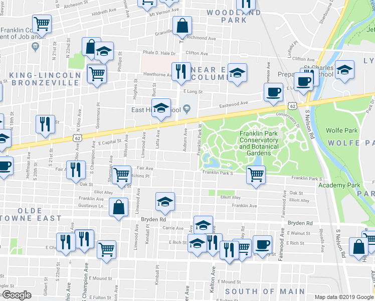 map of restaurants, bars, coffee shops, grocery stores, and more near in Columbus