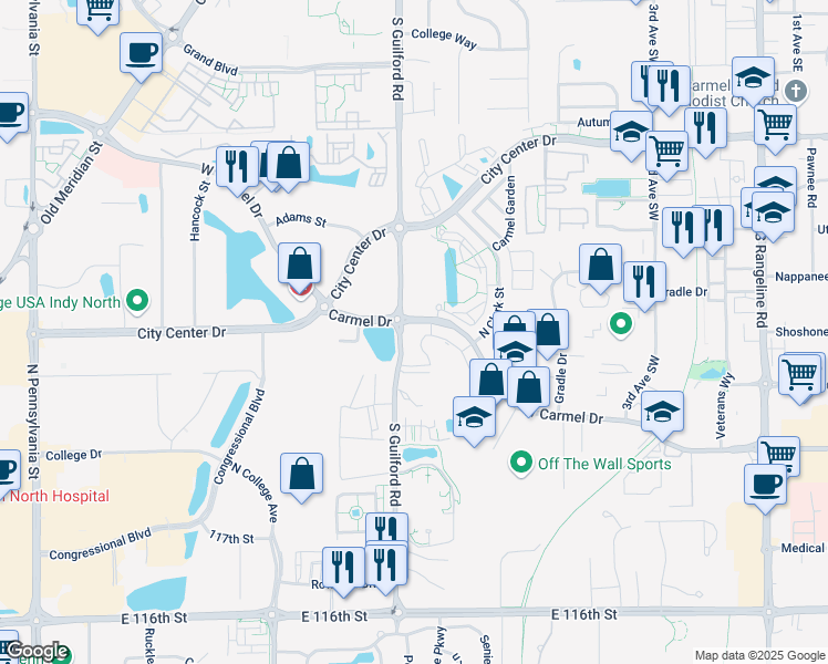 map of restaurants, bars, coffee shops, grocery stores, and more near 645 West Carmel Drive in Carmel