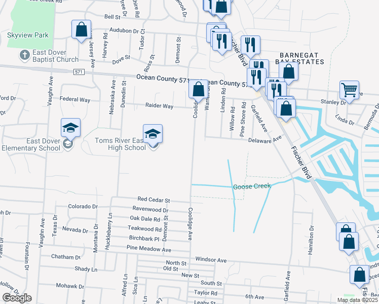 map of restaurants, bars, coffee shops, grocery stores, and more near 718 Coolidge Avenue in Toms River