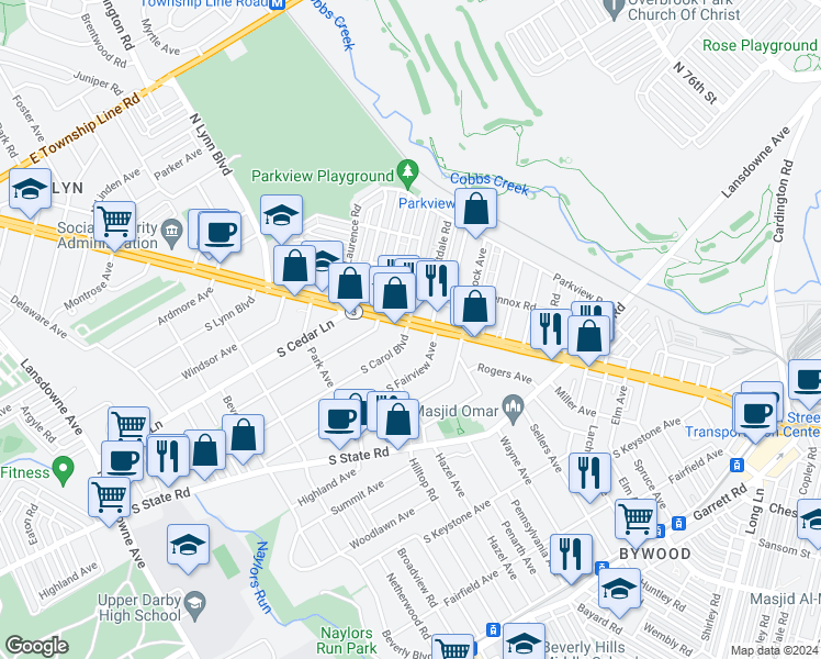 map of restaurants, bars, coffee shops, grocery stores, and more near 7922 West Chester Pike in Delaware County