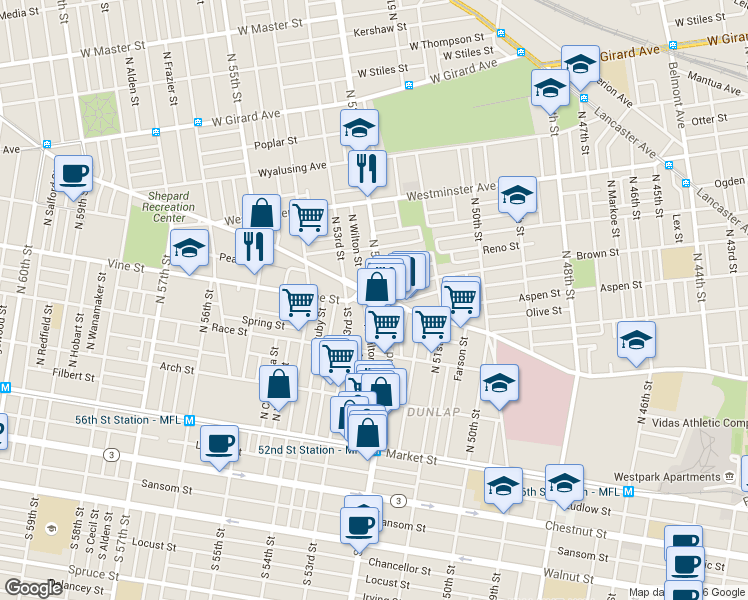 map of restaurants, bars, coffee shops, grocery stores, and more near 5200 Haverford Avenue in Philadelphia