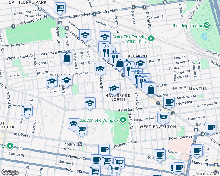 map of restaurants, bars, coffee shops, grocery stores, and more near 706 North 43rd Street in Philadelphia