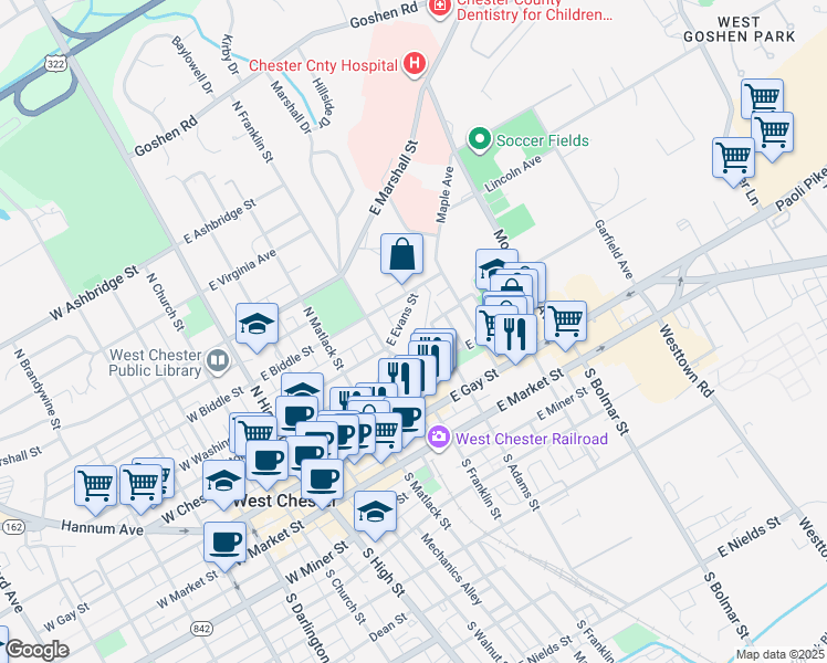 map of restaurants, bars, coffee shops, grocery stores, and more near 300 East Evans Street in West Chester