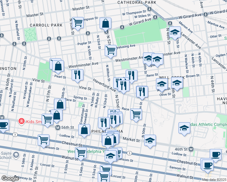 map of restaurants, bars, coffee shops, grocery stores, and more near 5200 Haverford Avenue in Philadelphia