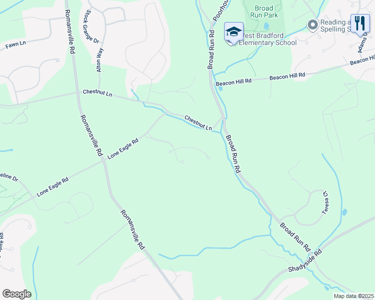 map of restaurants, bars, coffee shops, grocery stores, and more near 1816 Honeysuckle Court in Downingtown
