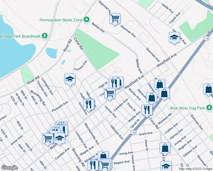 map of restaurants, bars, coffee shops, grocery stores, and more near 6209 Lincoln Avenue in Pennsauken Township