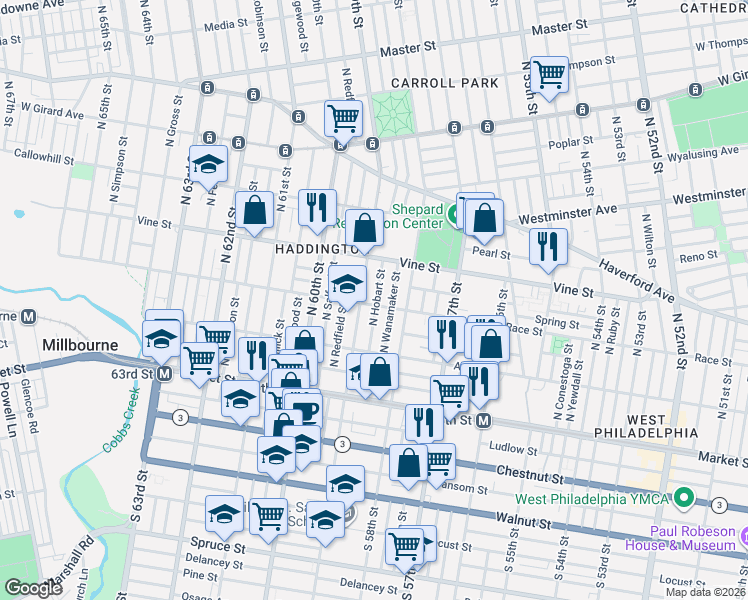 map of restaurants, bars, coffee shops, grocery stores, and more near 5820 Race Street in Philadelphia