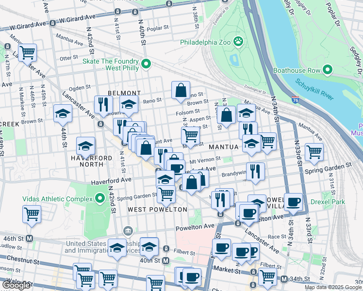 map of restaurants, bars, coffee shops, grocery stores, and more near 3907 Melon Street in Philadelphia
