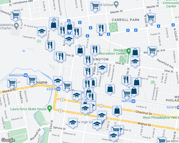 map of restaurants, bars, coffee shops, grocery stores, and more near 158 North Edgewood Street in Philadelphia