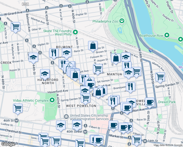 map of restaurants, bars, coffee shops, grocery stores, and more near 3919 Melon Street in Philadelphia