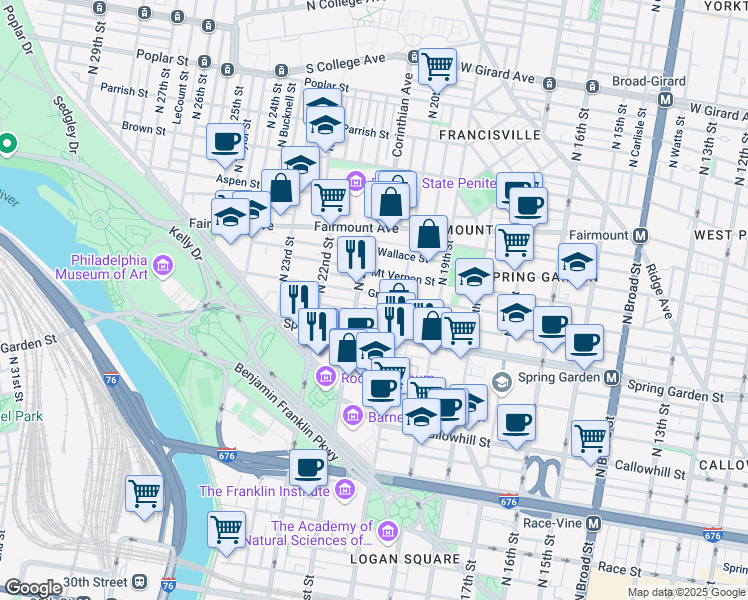 map of restaurants, bars, coffee shops, grocery stores, and more near 2024 Green Street in Philadelphia