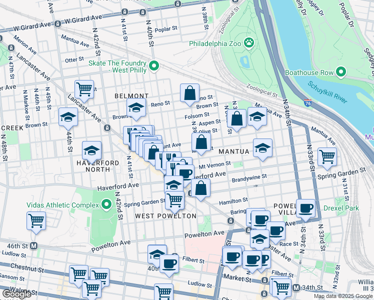 map of restaurants, bars, coffee shops, grocery stores, and more near 3919 Melon Street in Philadelphia