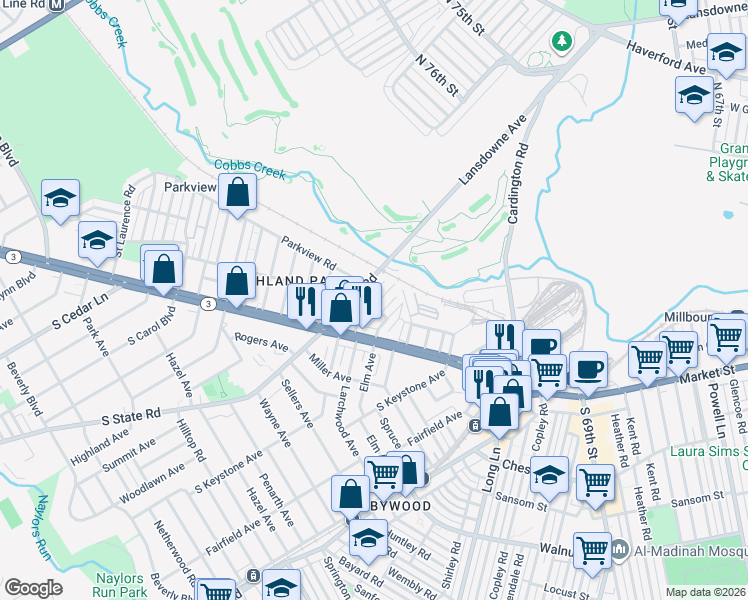 map of restaurants, bars, coffee shops, grocery stores, and more near 24 Sunshine Road in Delaware County
