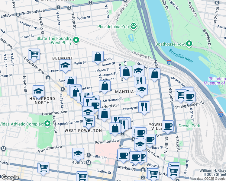 map of restaurants, bars, coffee shops, grocery stores, and more near 3812 Melon Street in Philadelphia