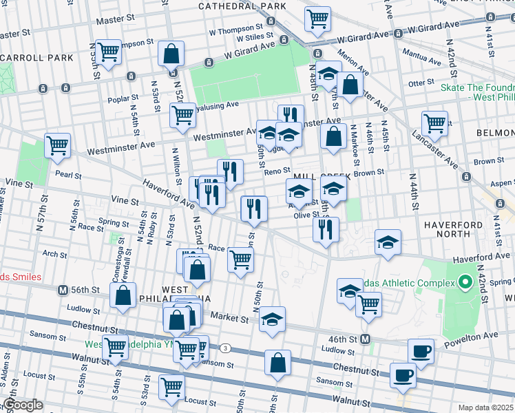 map of restaurants, bars, coffee shops, grocery stores, and more near 5015 Aspen Street in Philadelphia