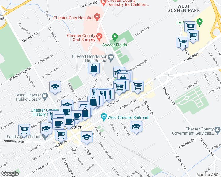 map of restaurants, bars, coffee shops, grocery stores, and more near 208 North Penn Street in West Chester