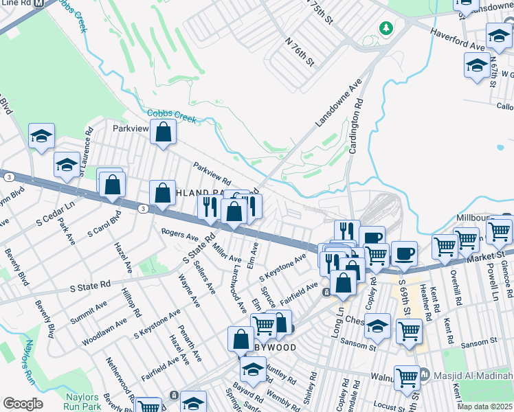 map of restaurants, bars, coffee shops, grocery stores, and more near 44 Sunshine Road in Upper Darby