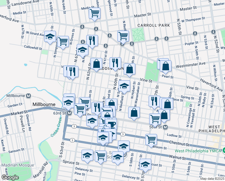 map of restaurants, bars, coffee shops, grocery stores, and more near 162 North 60th Street in Philadelphia