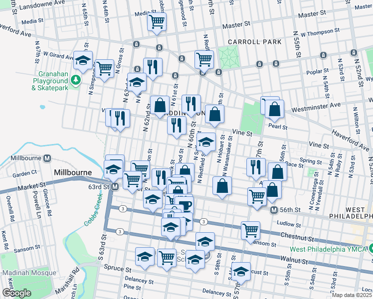 map of restaurants, bars, coffee shops, grocery stores, and more near 162 North 60th Street in Philadelphia