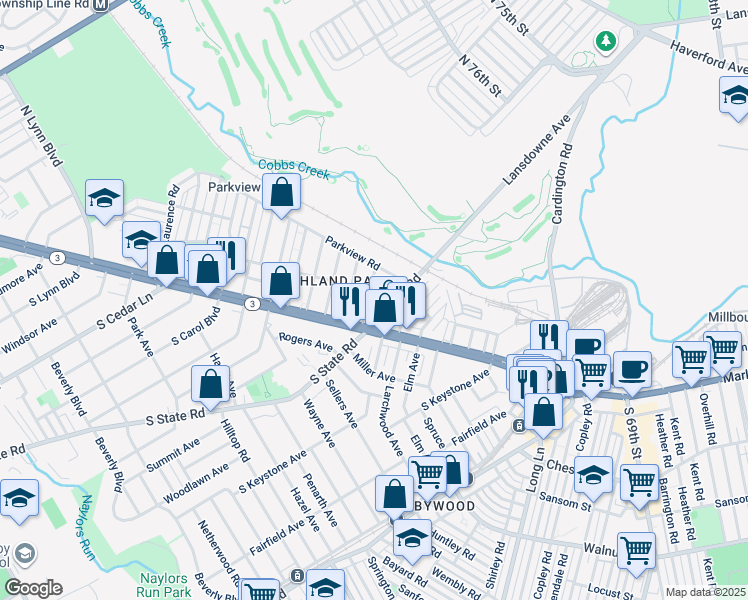 map of restaurants, bars, coffee shops, grocery stores, and more near 15 Ardsley Road in Upper Darby